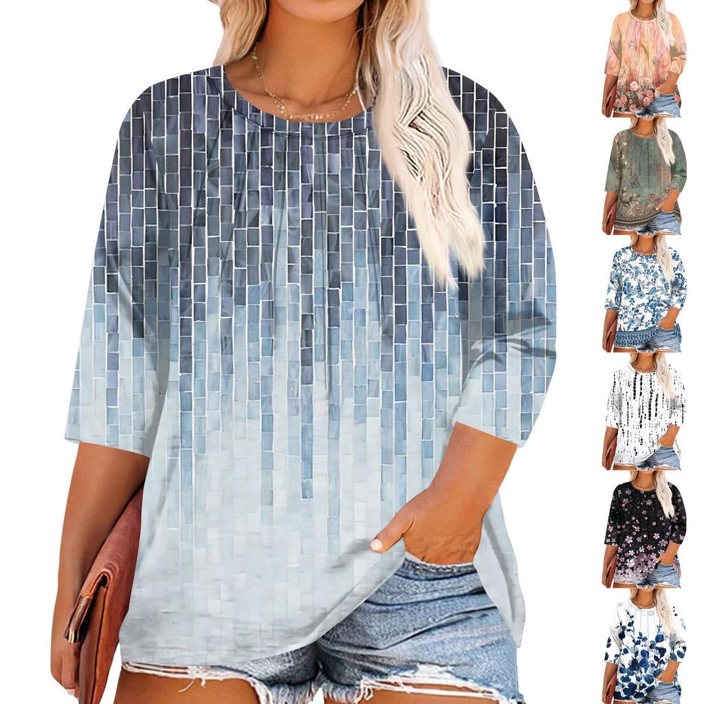 Women's Print Round Neck Plus Size Tops 3/4 Sleeves Elegant Shirt Tops