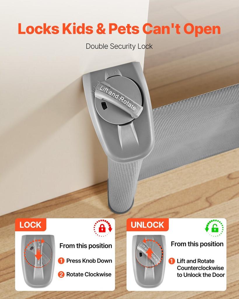 Retractable Baby Gate, Extends to 1430 mm Wide, 795 mm Tall, with Security Lock, Easy to Use, Walk Through Without Tripping, Mesh Dog Gate for Stairs,