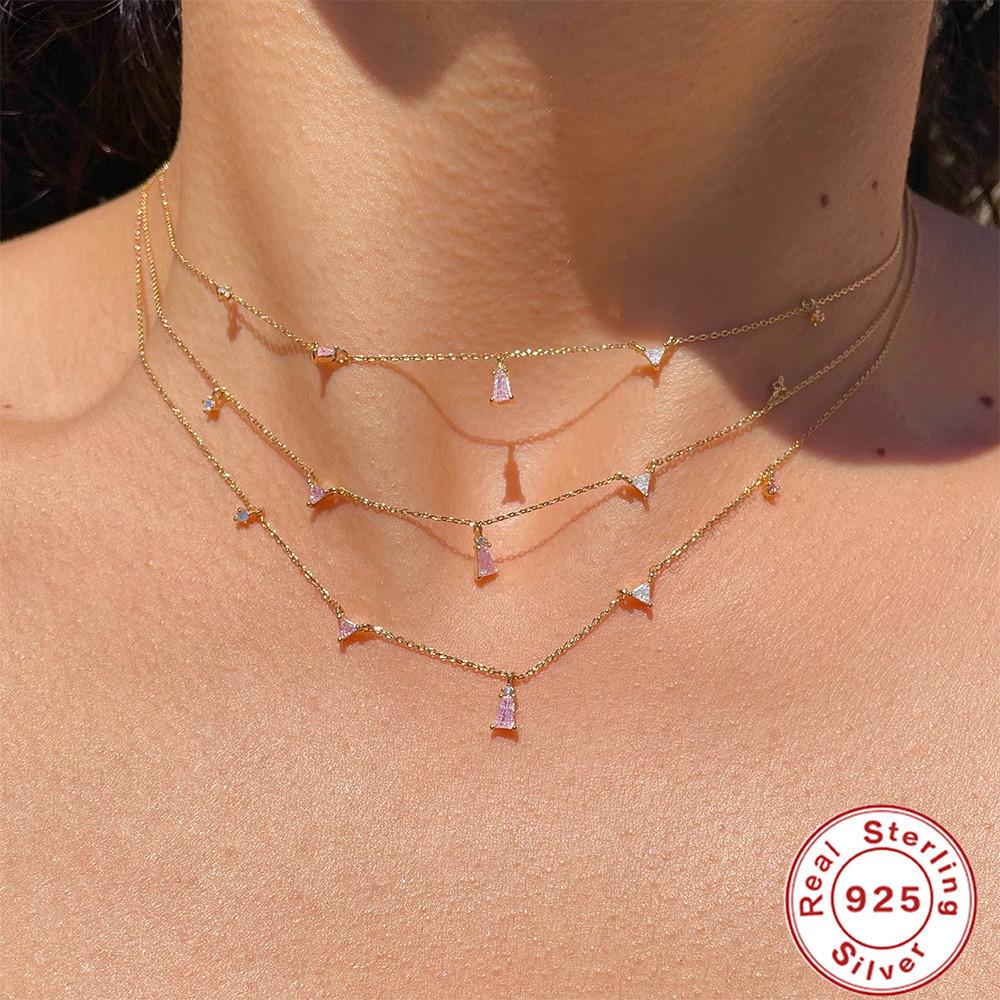 Fashion S925 Sterling Silver Geometric Stacking Color Share Ice Crystal Diamond Stacking Wear Ladies Clavicle Necklace