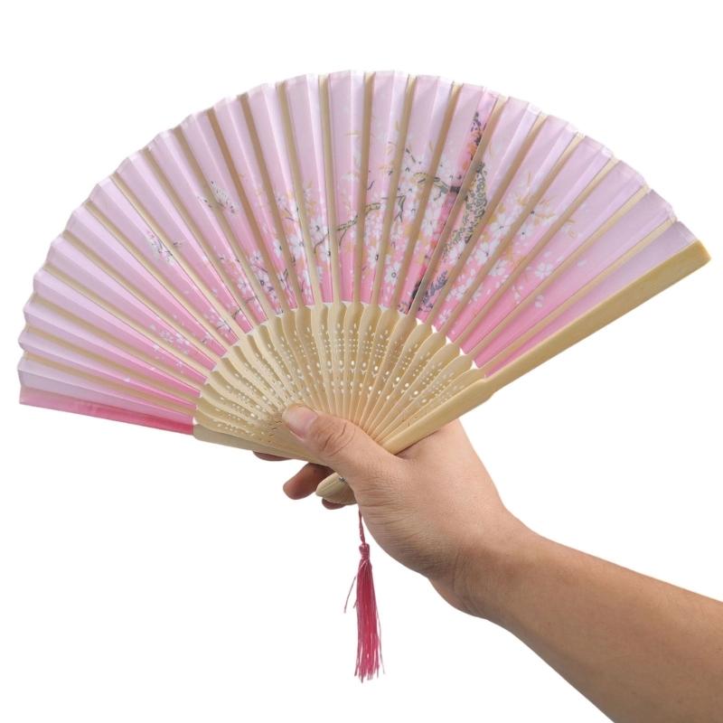Blumen Handfaltfächer Handgehaltener Seiden-Bambusfächer mit Quasten Hohlgebohrter Handfaltfächer für Tanz Hochzeitsdekorationen