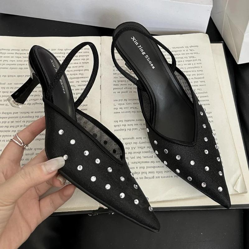 

Fashion Elegant Mesh Rhinestone Breathable Heels Women Sexy Banquet Pointed Toe Wedding Brides Shoes Luxury Design Brand Slide Sandals 35 чёрный