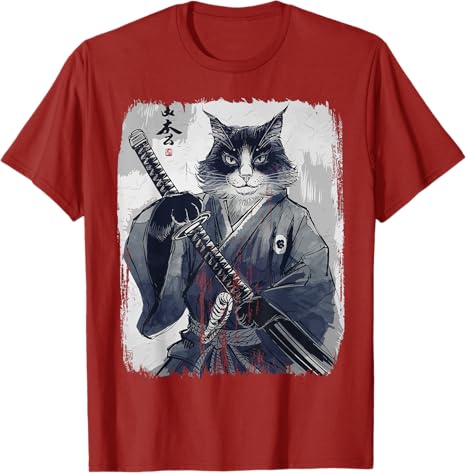 Samurai Cat Vintage Ukiyo Ink Japanese Art Anime Warrior Cat TShirt Y2k Aesthetics Clothes Ninja Kitty Anime Enthusiasts Tees S