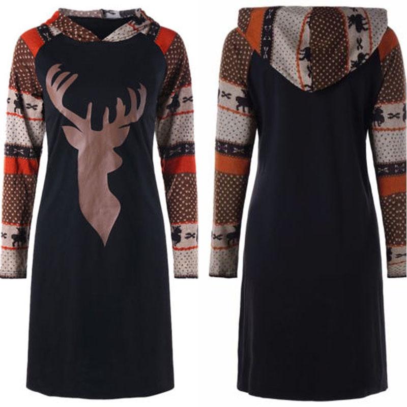 Hot Lady Women Dress Christmas Elk Print Long Sleeve Hooded Evening Party Dress For Festive Occasions
