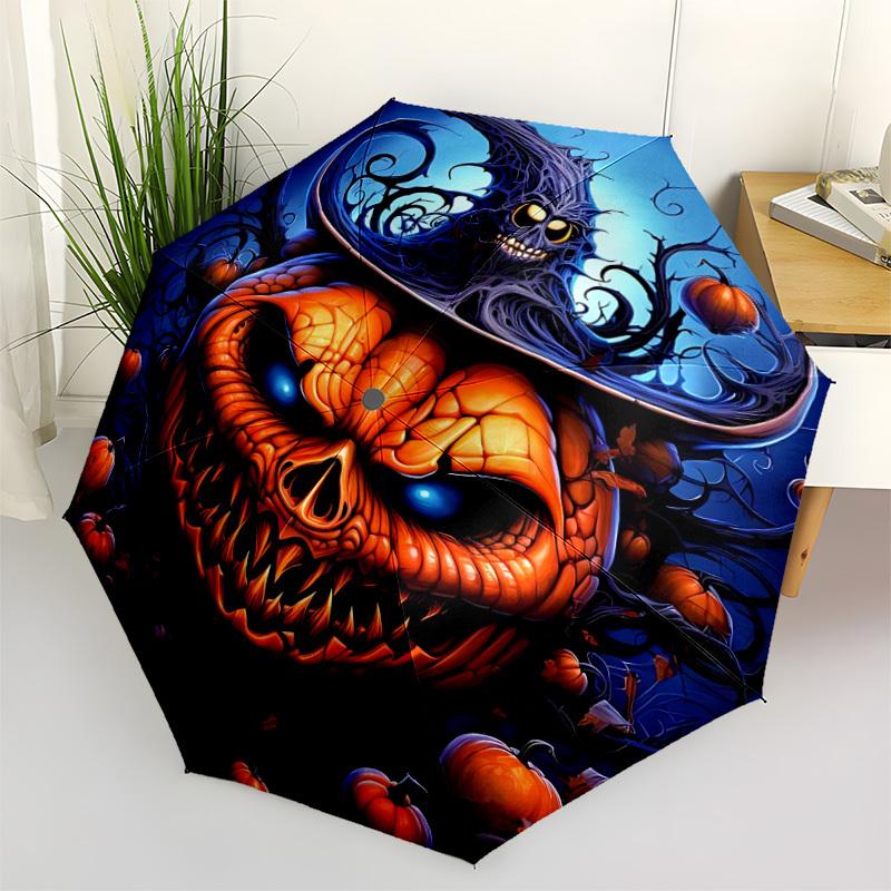 1pc Halloween Pumpkin Automatic Folding Umbrella, Lightweight Retractable Compact Travel Umbrella, 8-Rib Sturdy Frame032