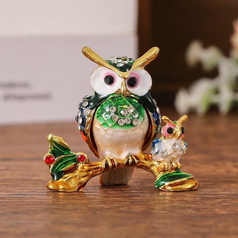 Owl Jewelry Box Small Figurine, Metal Handicraft, Luxury and Retro Style, Desktop Jewelry Box Figurine