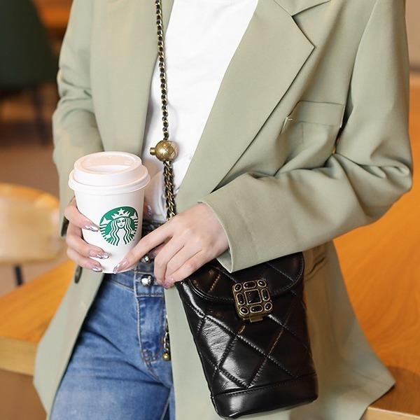 Fashion Leather Chain Mobile Phone Bag Xiaoxiang New Diamond Gem Small Gold Ball Single Shoulder Calfskin Women's Bag