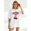 Oversized T Shirt Black Cherries Print With Red Text And Leopard Bow Summer Casual Wear