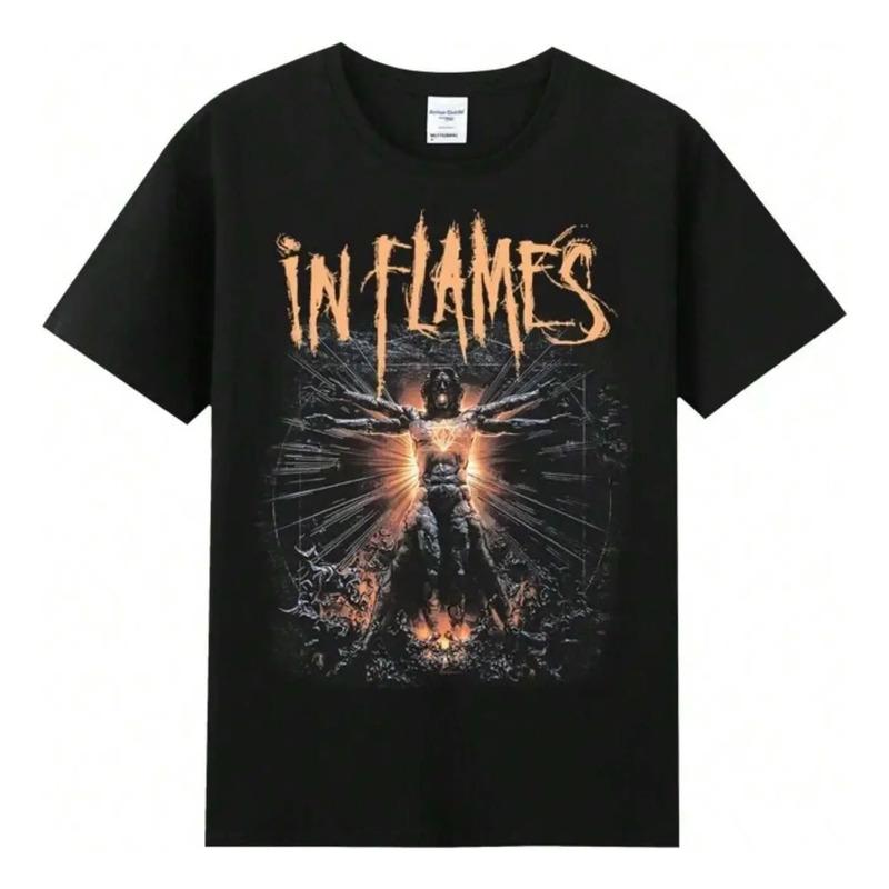 Camiseta In Flames Con Banda De Metal, Manga Corta, Negra, P S