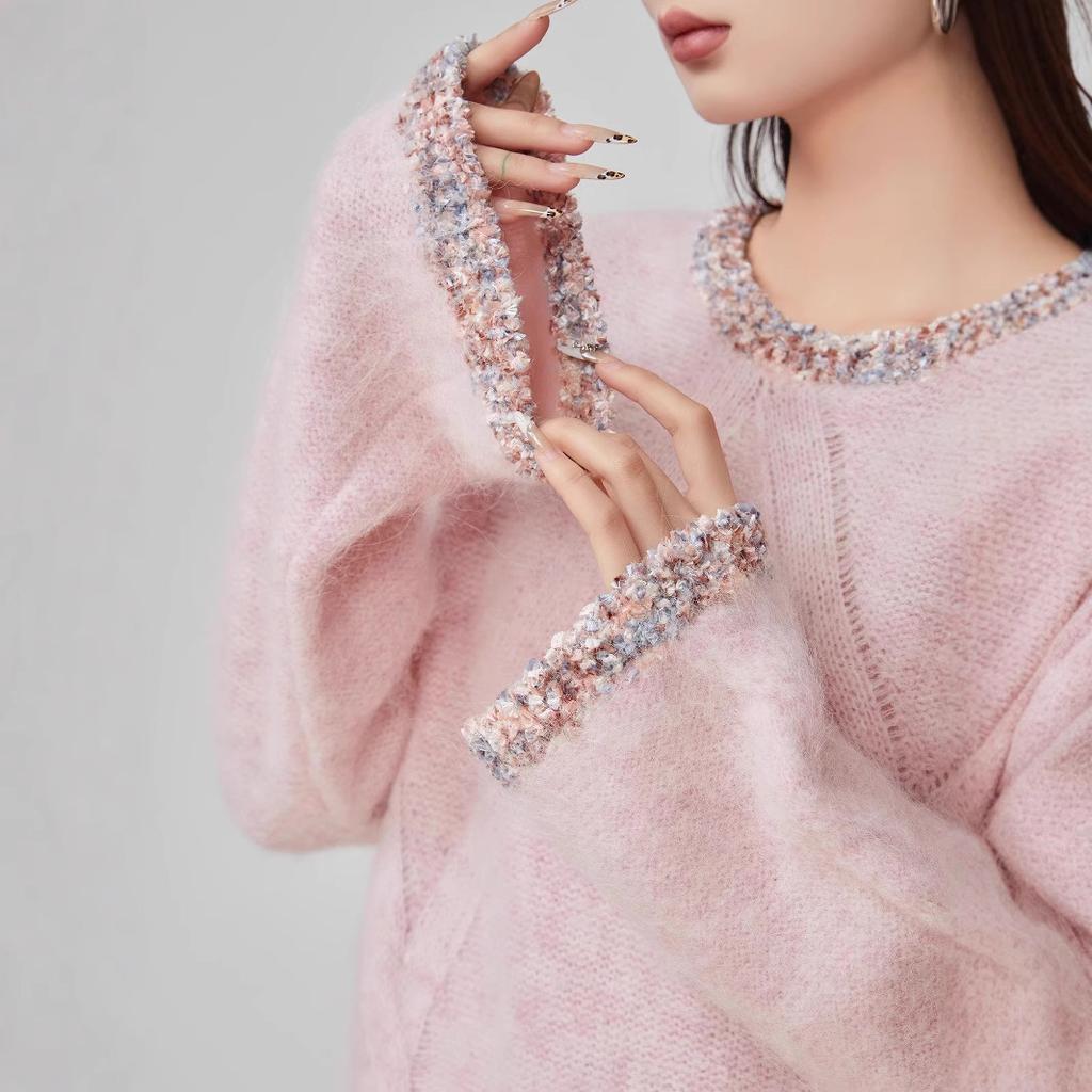 Spring Fall Women Knitwear Lazy Style Pink Elegant Round Neck Pullover Sweater Women Top