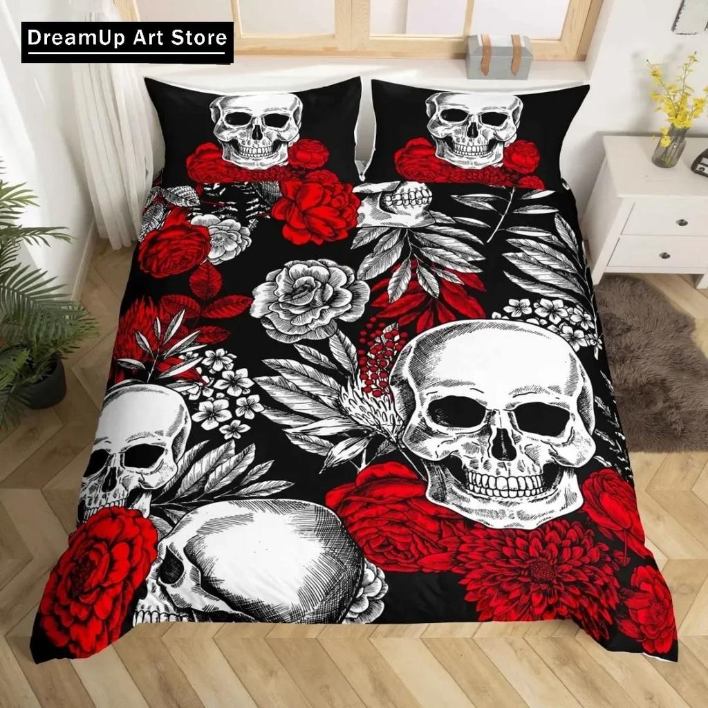 Black Skull Skeleton Bedding Set Paisley Floral Gothic Luxury Soft Bedding Set Bed Set Quilt Cover Twin Single Queen King Size