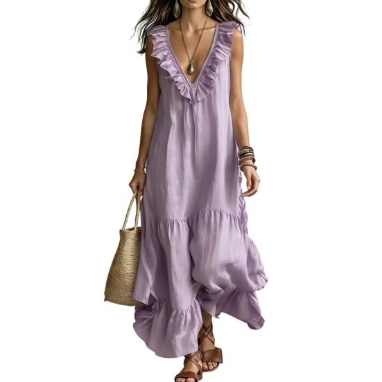 Women's Deep V Neck Ruffle Trim Maxi Dress, Sleeveless Loose Flowy Beach Sundress, Summer Casual Tiered Ruffle A-line Long Dress