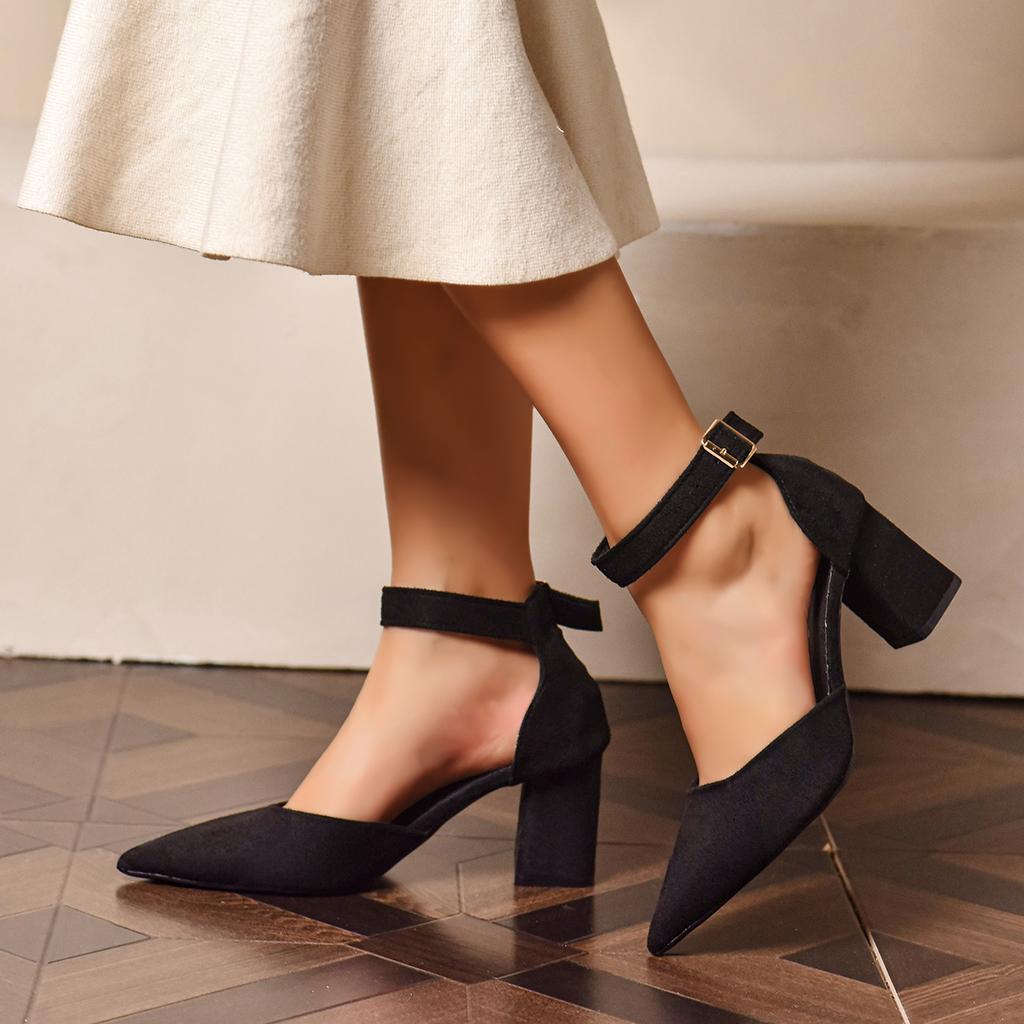 Women Shoes Temperament Pointed High Heel Boots Ankle Strap High Heeled Sandals Fashion Suede Leather High Heel Single Footwear
