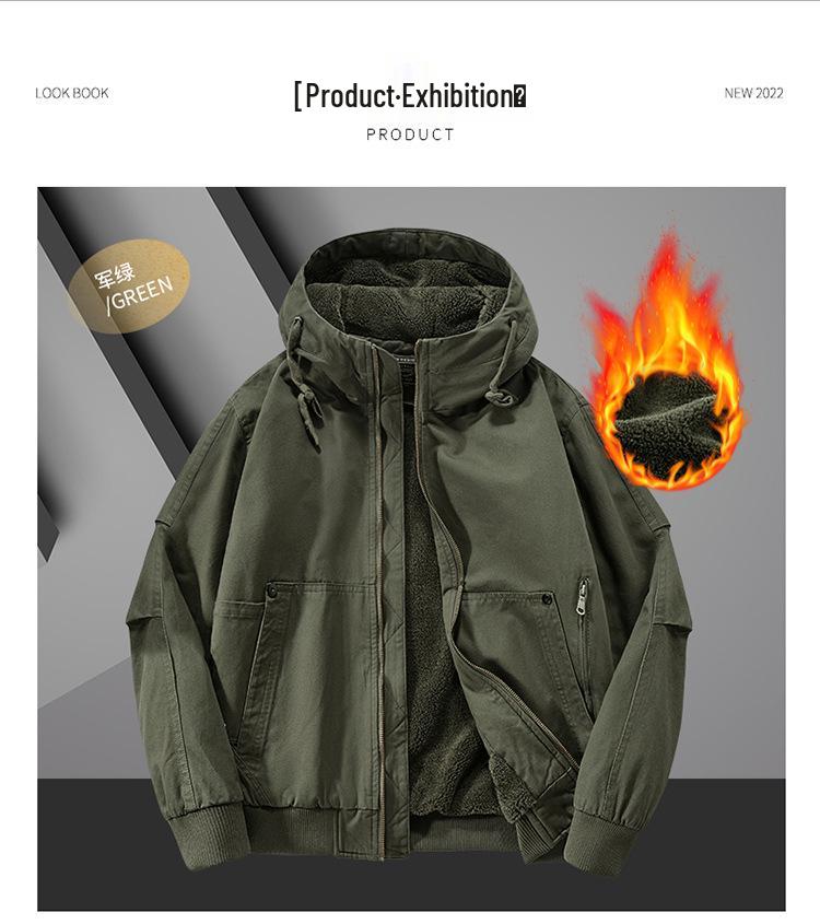 Herren Arbeitsjacke mit Kapuze aus reiner Baumwolle, Herbst/Winter, mit Samtfutter, Verdickt, Lockerer Schnitt, Übergröße, Stil 6836.