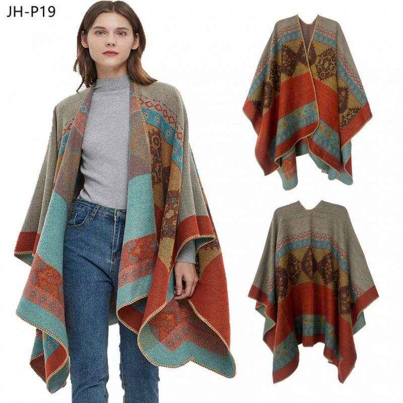 Oversized Knit Shawl With Jacquard Warm Fleece-Like Wrap Women Winter Streetwear