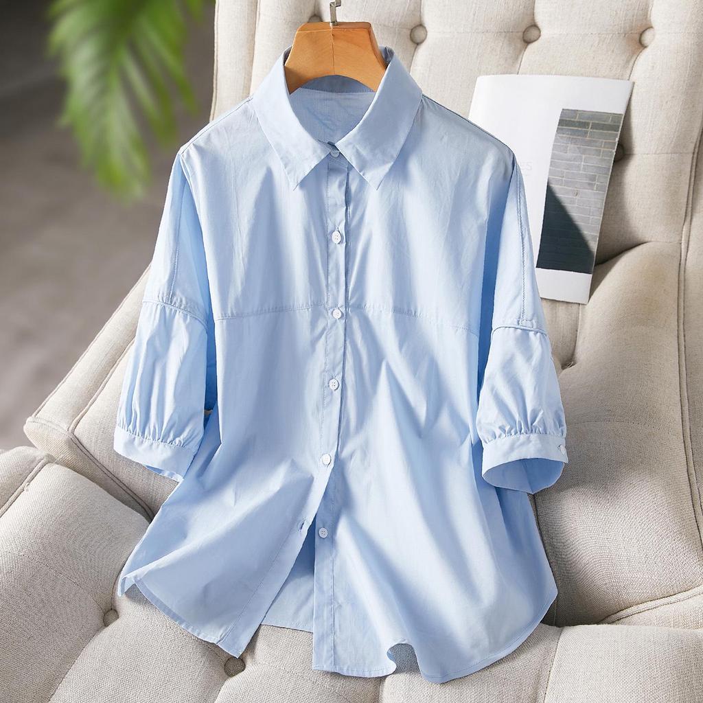 Women's Mid-Sleeve Blue Cotton Shirt - Summer 2025 Loose Slimming Casual Top