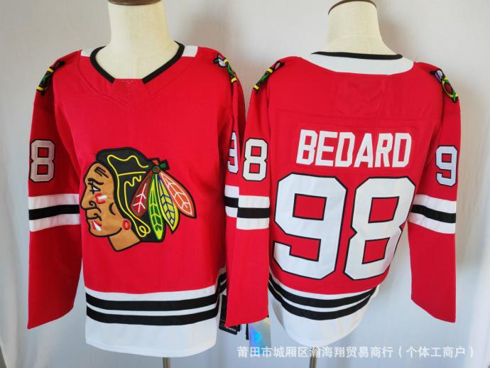 NHL Eishockeytrikot Blackhawks Teamtrikot 98# BEDARD Herren Größe 86 gesticktes Hockeytrikot grenzüberschreitender Großhandel