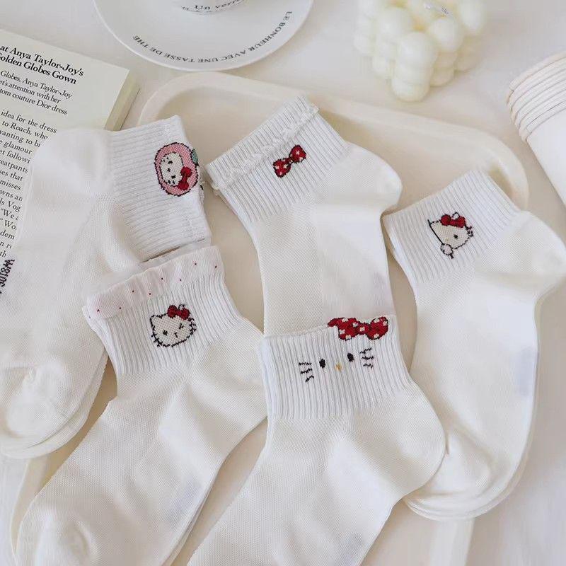 Women's Cute Cat Lace Ankle Socks - White Milk Kitty, Thin Mesh Bow Design