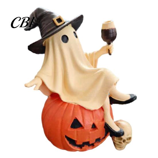 Spooky Desktop Ornament Cute Ghost Figurine, Sitting on Pumpkin Statue with Witch Halloween Gifts for Women Hat, Resin Tabletop Home Party Decor