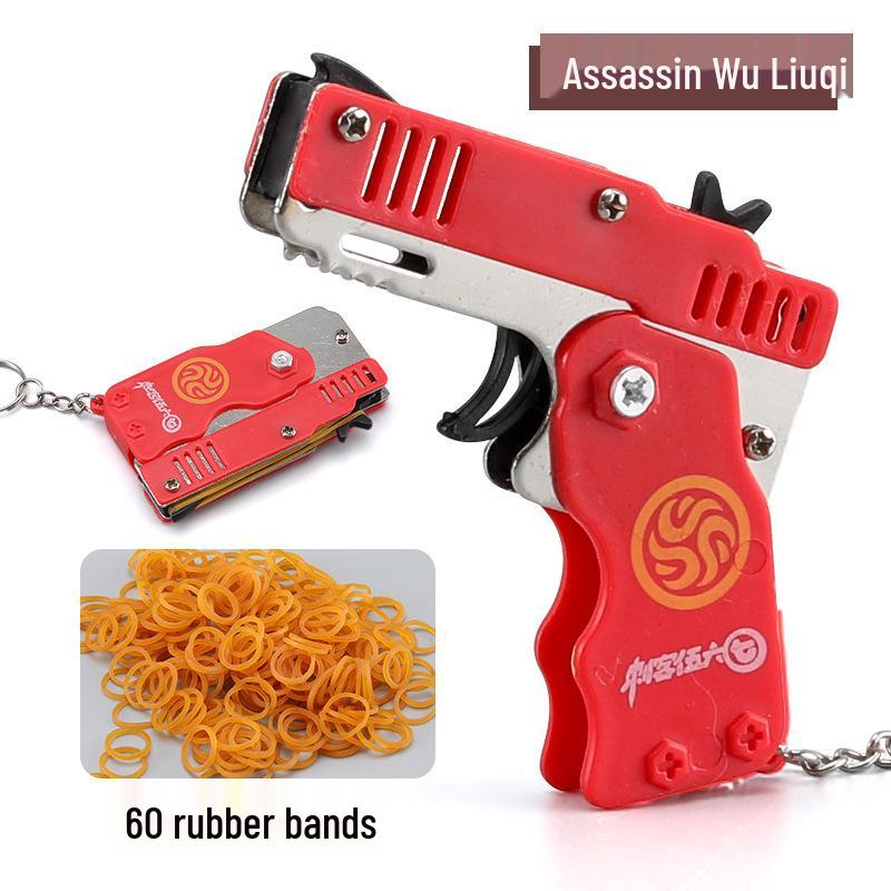 Foldable Alloy Toy Rubber Band Gun Keychain for Kids