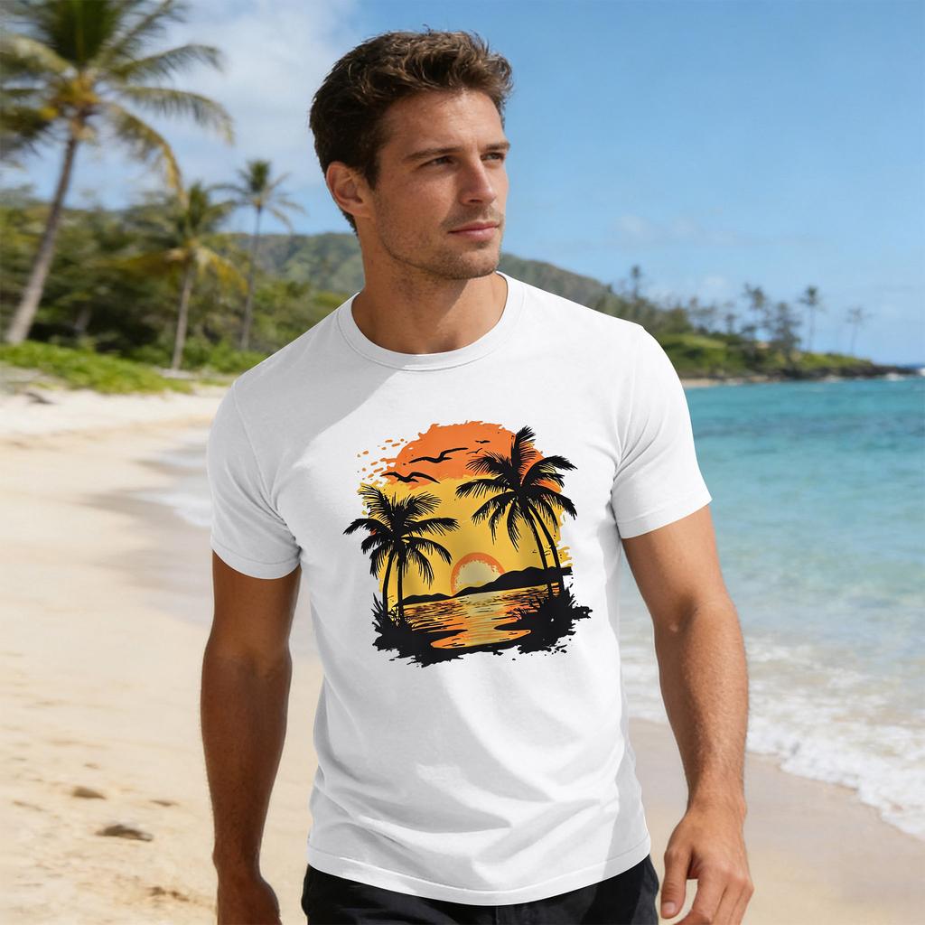 Top Masculino Estampa de Férias Gola Redonda Manga Curta Casual Esportivo
