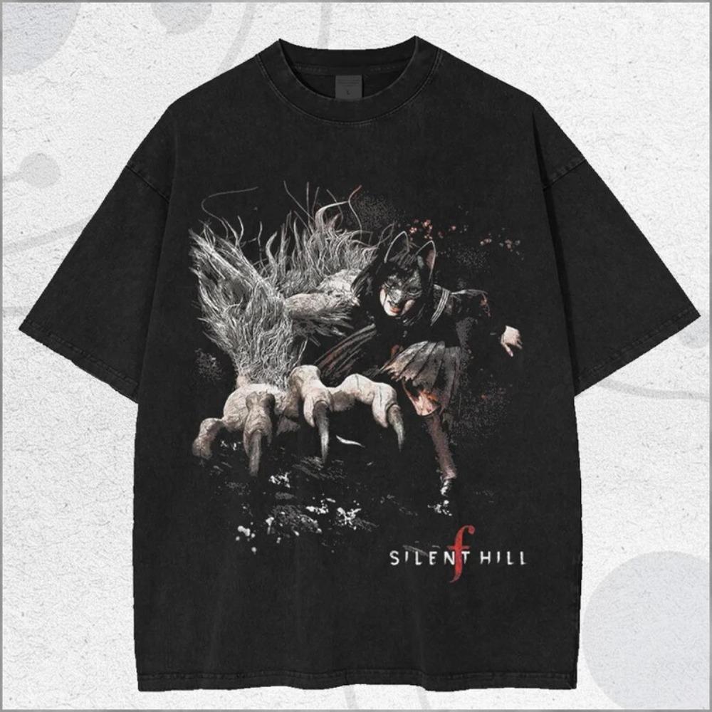 

Silent Hill f Cat-Eared Girl & Monster Vintage Washed Horror Game T-Shirt, Unisex Psychological Horror Fan Streetwear Tee, 100% Cotton Casual Short XXXL