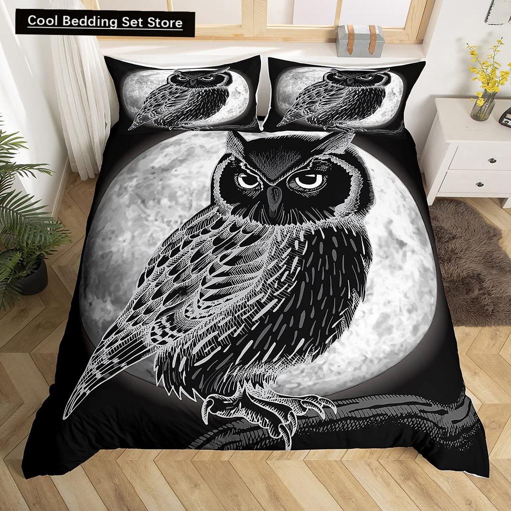 Black Owl King Queen Duvet Cover Moon Safari Bird Animal Bedding Set Lovely Wildlife Quilt Cover Grey Polyester Comforter Cover