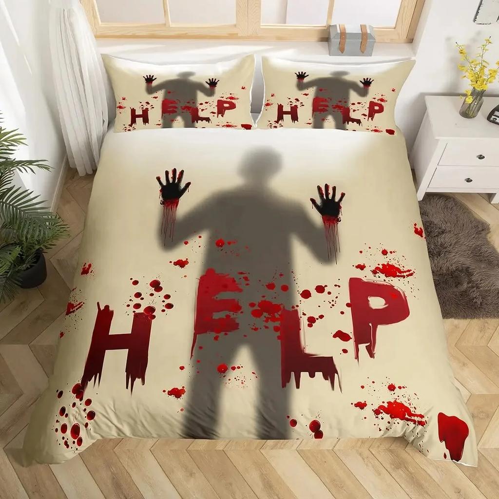 Gruseliger Horrorfilm Bettbezug Set Dunkler Terror Killer Blutiges Bettwäscheset Schrecklicher Halloween Quiltbezug Einzelbett Doppelbett Kingsize