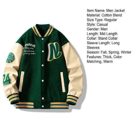 Herrenjacke, Stehkragen, gestreift, Buchstabenmuster, locker, langärmelig, dick, einreihig, Colorblock-Taschen, Strickjacke, mittellanger Baseballmantel