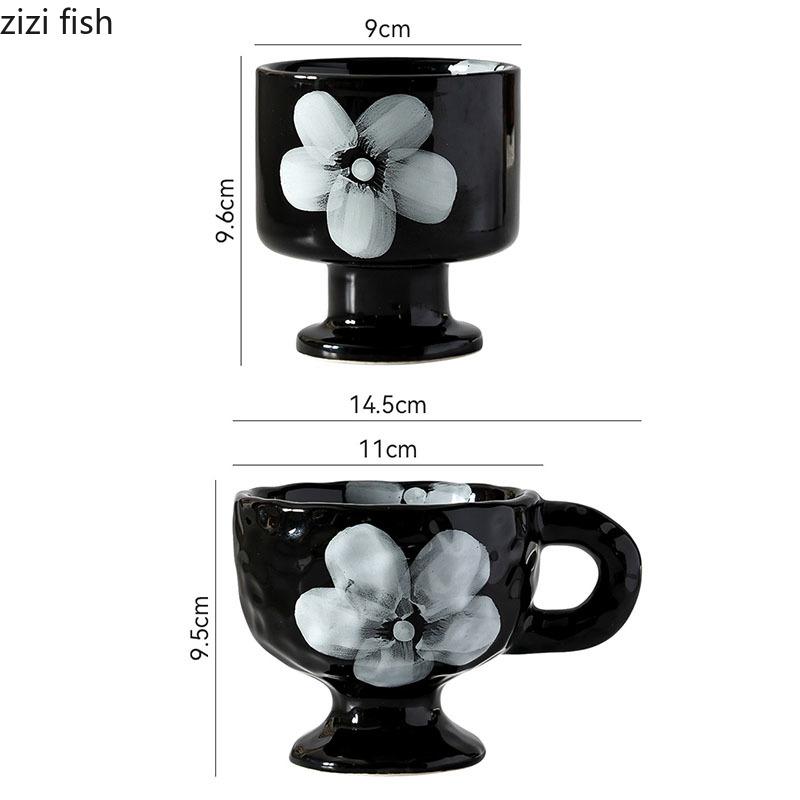 Retro Creative Ceramic Mug Hand Drawn Irregular High Legged Coffee Mug Milk Tea Cup Beverage Cup Household Tea Cup Water Cups