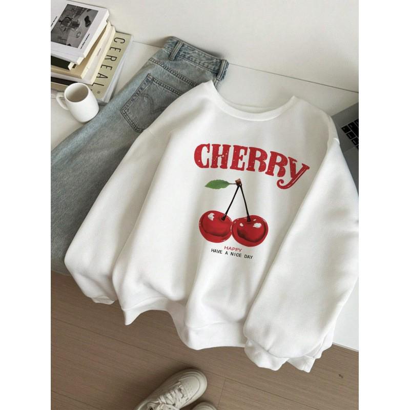 Women's European & American Autumn Cherry Print White Long Sleeve Hoodie - Casual, Loose, Versatile Style