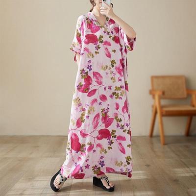 Short Sleeve Plus Size Cotton Vintage Floral New In Dresses for Women Casual Loose Maxi Long Summer Dress