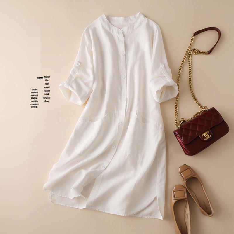 

Spring 2025 Women s Loose Fit Woven Shirt with Stand Collar and Long Sleeves 2XL білий