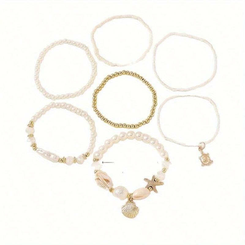 7pcs/Set Seashells, Pearls Beads Layered Bracelet Set, Ndom Shell Patterns, Great Gift Idea, Healing Crystal Bracelet for Spiritual Energy Healing