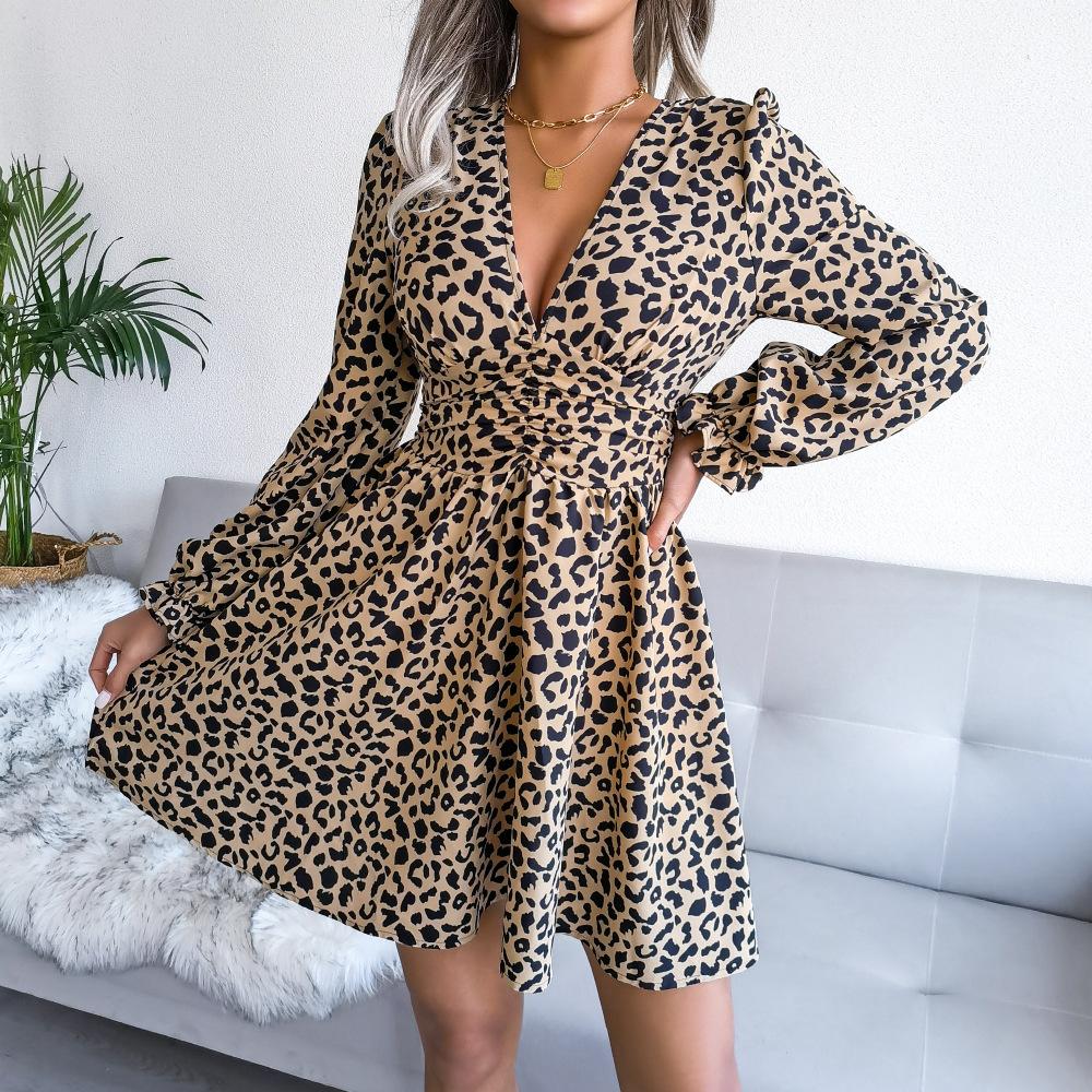MAITA jaro léto nové sexy leopardí výstřih do V s dlouhým rukávem liniové elegantní šaty S-XL