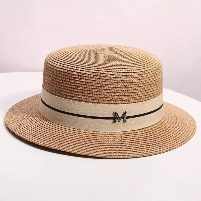 Meimeier Women's new summer retro french pearl straw hat - perfect for beach trips, flat top socialite style