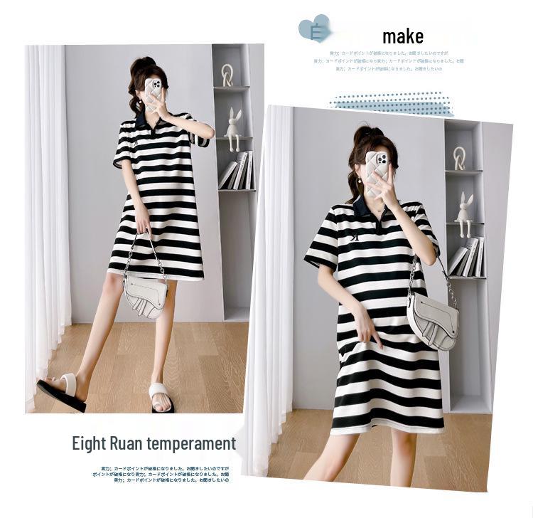 Fairy Striped Polo Maternity Summer Dress - Loose, Retro-Style for Comfort and Elegance