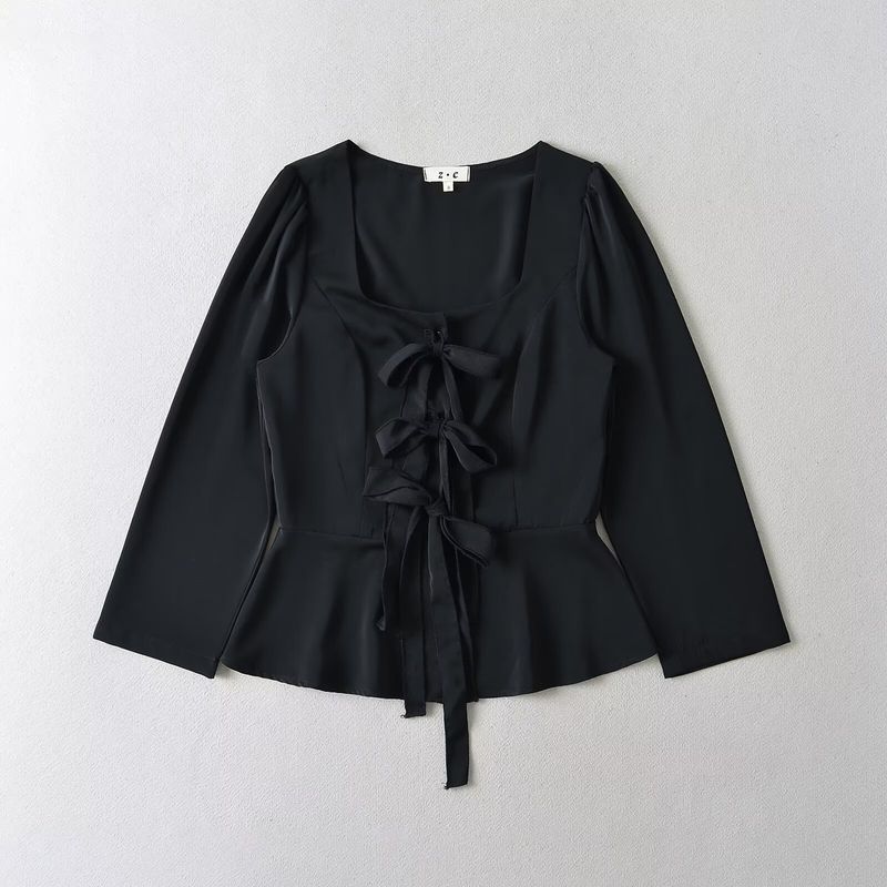 Kaslead New Arrival Women's Clothing Fashion Style Stylish Simple and Versatile Shoelace Waist-Controlled Long Sleeves Square Collar Top
