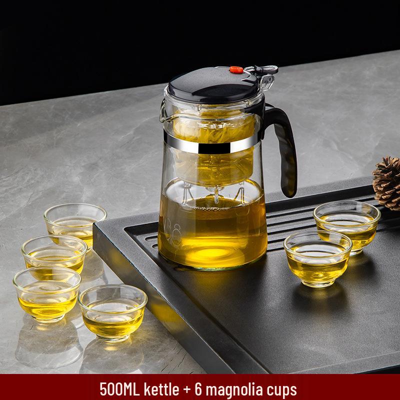 Elegant Heat-Resistant Glass Tea Infuser Pot with One-Button Filtering - Customizable with Logo Option.