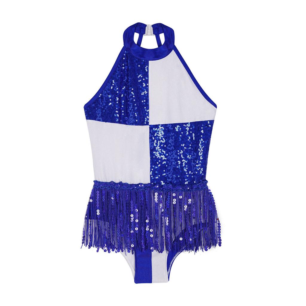 Girls Sequins Modern Jazz Latin Samba Stage Costume Halter Tank Leotard Tassel Dress School Ballroom Dancewear