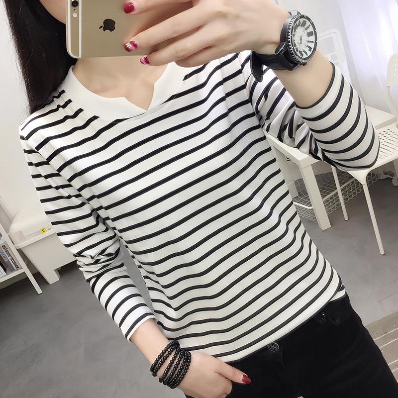 2024 Women's Loose Striped V-Neck Long-Sleeve T-Shirt - Versatile Spring Top