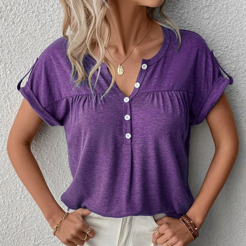 Elegant Loose Simple Tshirts Woman Summer New Solid Short Sleeve Plus Size T-shirt Women Fashion Buttons Round Neck Casual Tee Shirt Office Lady 24528
