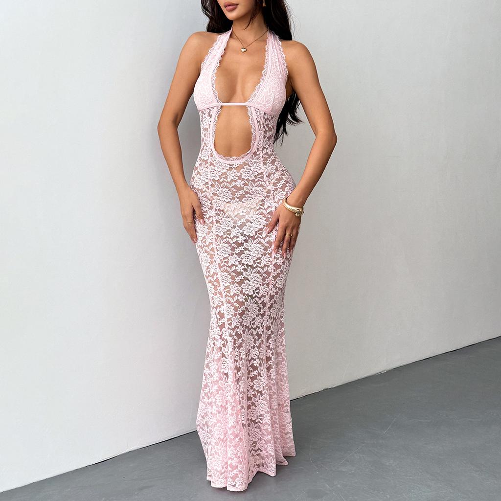 Women's Sexy Solid Color Halter Neck Hollow Out Sheer Lace Slim Fit Mermaid Maxi Evening Party Dress