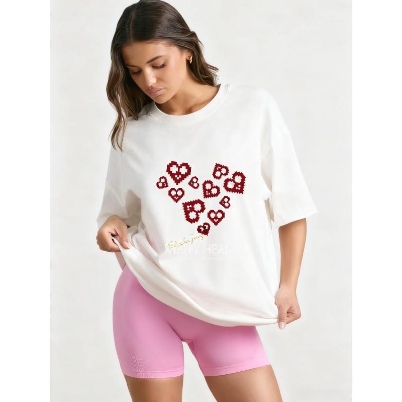 Oversized T Shirt Black Pixel Heart Pattern Happy Heart Text Print Casual Streetwear Fashion Women Summer Top