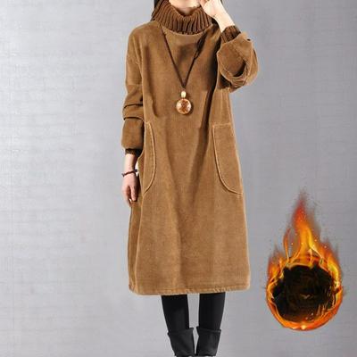 Extra Large Size High-neck Velvet Plus Velvet Thickened Mid-length Corduroy Dress