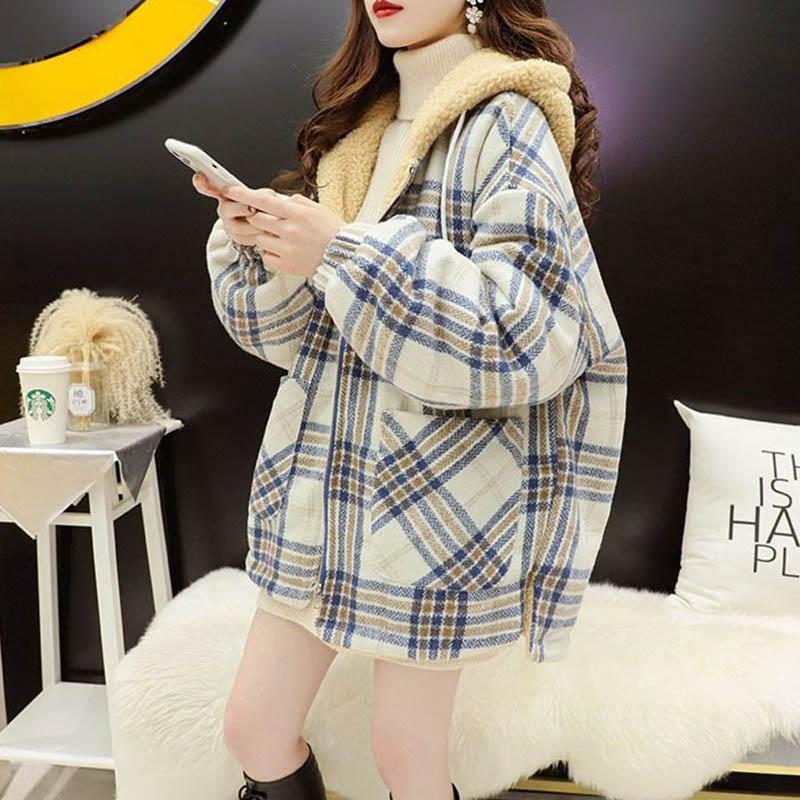 Jachetă Călduroasă Groasă Căptușită Femei Iarnă Casual Versatil Pulover cu Glugă Carouri Călduroasă Dublă Largă Topuri