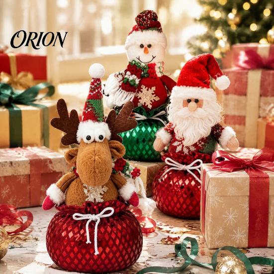 Festive Table Centerpieces Sequins Christmas Santa Claus/Snowman/Elk Ornaments with Candies Storage Pocket, Plush Claus Red or Green Figures