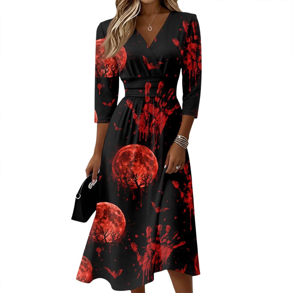 Rochie Casual de Damă cu Decolteu în V Mânecă 3/4 Lungime Midi Închidere cu Fermoar la Spate Croială Evazată Fabric Ușor