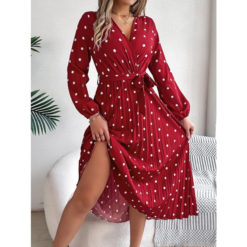 VEZFAA Women's Fashion Spring Fall Polka Dot Print Long Sleeve V-Neck High Waist Casual Dresses