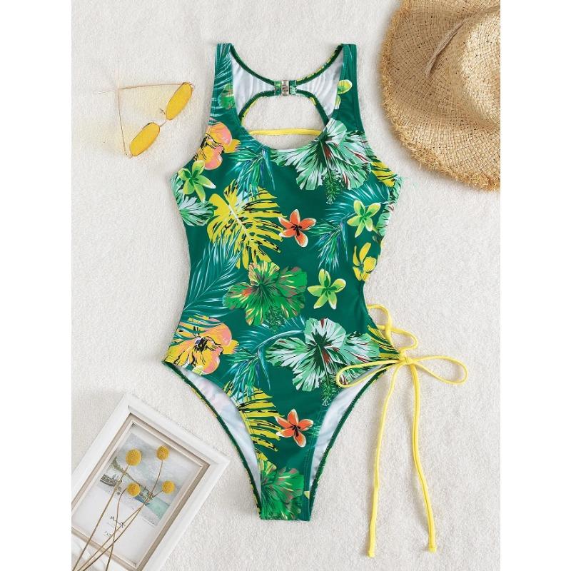 

2025 принт шнуровка сзади купальник цельный сплошной купальник женский купальный костюм женский мягкий летний пляжный костюм боди L зелёный