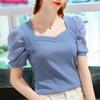 2024 Women's Puff Sleeve Ice Silk T-shirt - French Court Style, Square Neck, Short Sleeve Summer Top